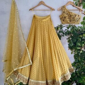 Custom Made Yellow Zari Buti Lehenga Set – 3 Piece Indian Wedding Outfit